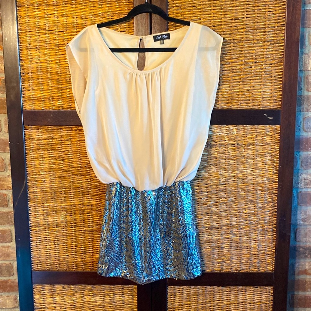 Love Reign Small Tan and sequence cocktail dress.